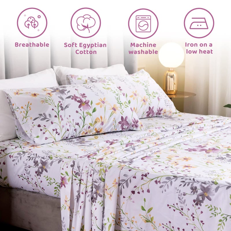 QSH Floral Queen Size Sheet Sets - Yellow Wild Flower Botanical Pattern Egyptian Cotton Printed Bedding Sheets Set Queen Size Bed Extra Breathable 4pcs Queen Sheet Set Deep Pocket 17.5" - Image 2